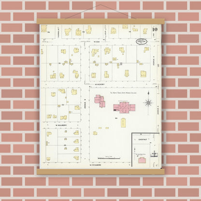 Old map wall art mockup — magnetic wood frame on brick wall — Sanborn Fire Insurance Map from Denton, Denton County, Texas (1907), Sheet #0010
