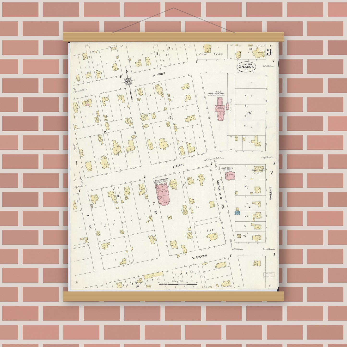 Old map wall art mockup — magnetic wood frame on brick wall — Sanborn Fire Insurance Map from Onarga, Iroquois County, Illinois (1914), Sheet #0003