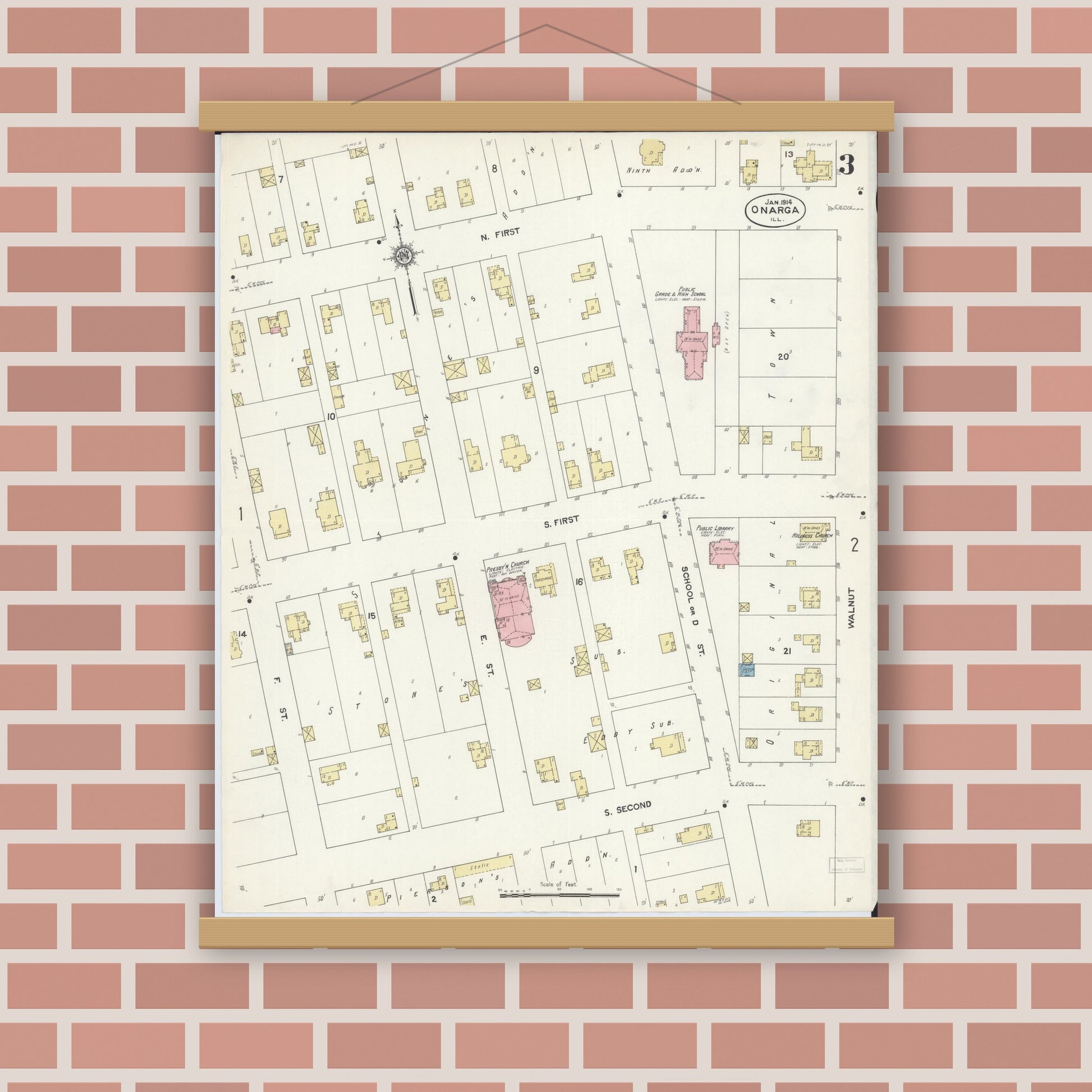 Old map wall art mockup — magnetic wood frame on brick wall — Sanborn Fire Insurance Map from Onarga, Iroquois County, Illinois (1914), Sheet #0003