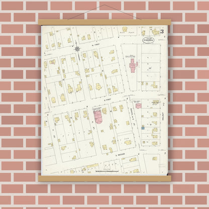 Old map wall art mockup — magnetic wood frame on brick wall — Sanborn Fire Insurance Map from Onarga, Iroquois County, Illinois (1914), Sheet #0003