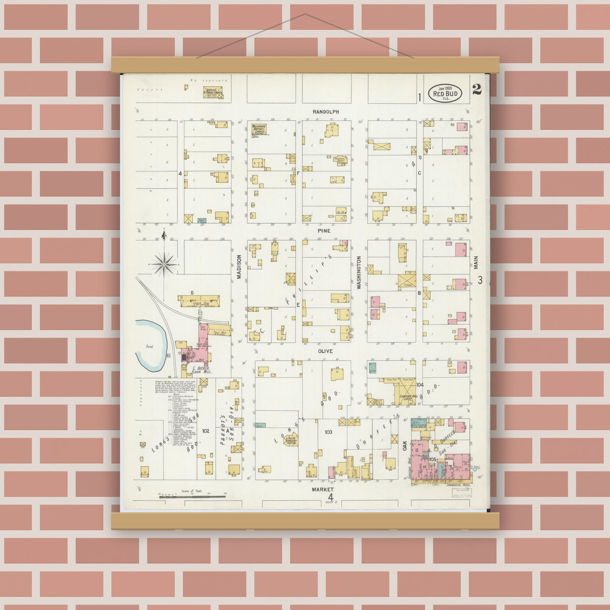 Old map wall art mockup — magnetic wood frame on brick wall — Sanborn Fire Insurance Map from Red Bud, Randolph County, Illinois (1900), Sheet #0002