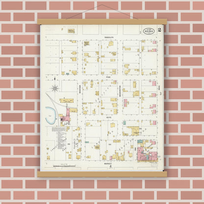 Old map wall art mockup — magnetic wood frame on brick wall — Sanborn Fire Insurance Map from Red Bud, Randolph County, Illinois (1900), Sheet #0002