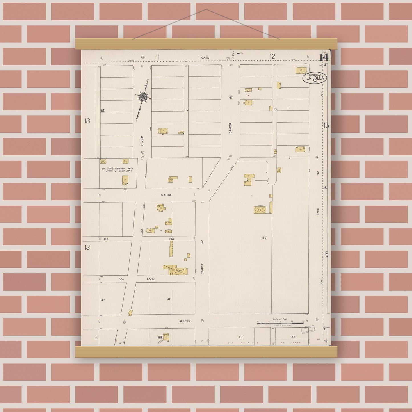 Old map wall art mockup — magnetic wood frame on brick wall — Sanborn Fire Insurance Map from La Jolla, San Diego County, California (1921), Sheet #0014