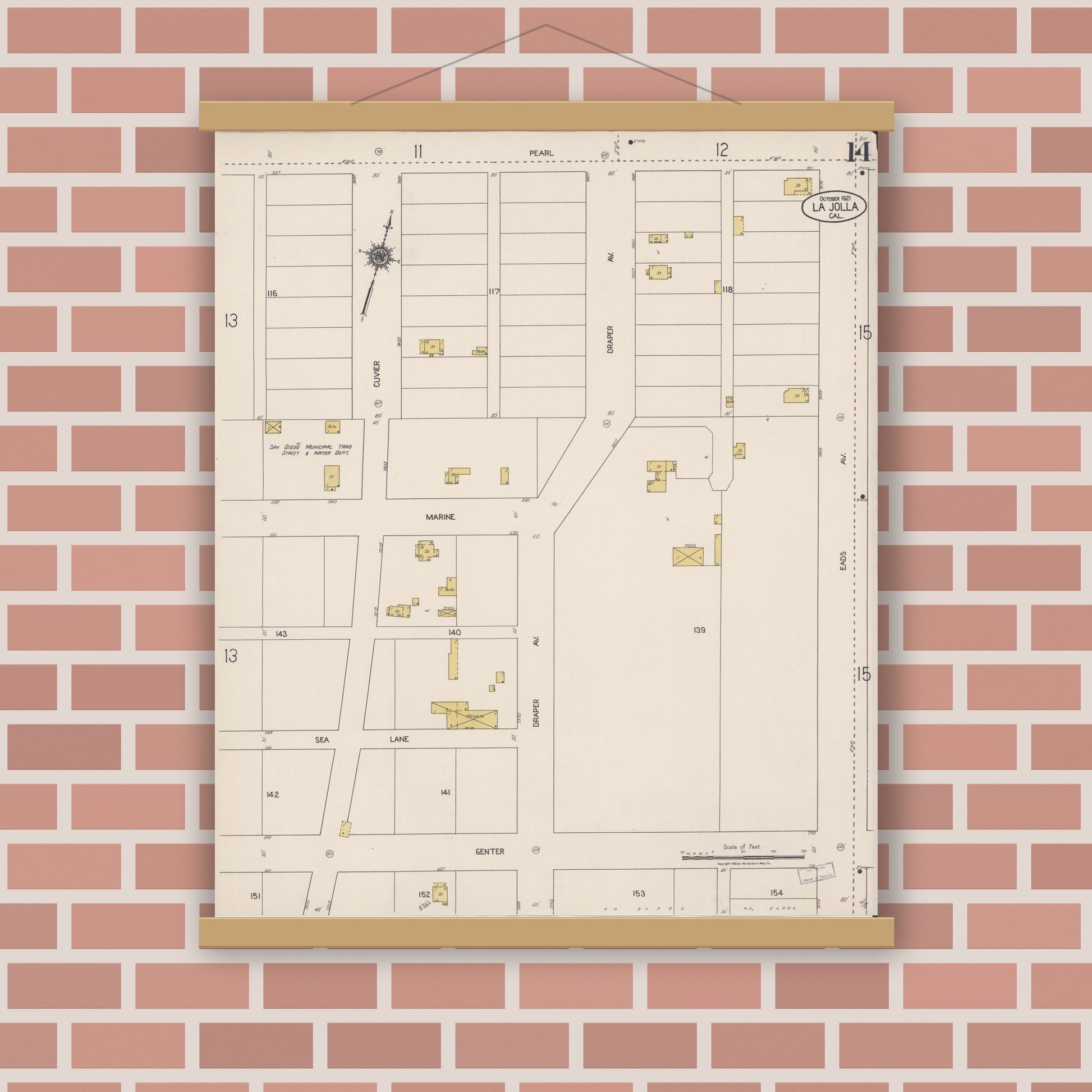 Old map wall art mockup — magnetic wood frame on brick wall — Sanborn Fire Insurance Map from La Jolla, San Diego County, California (1921), Sheet #0014