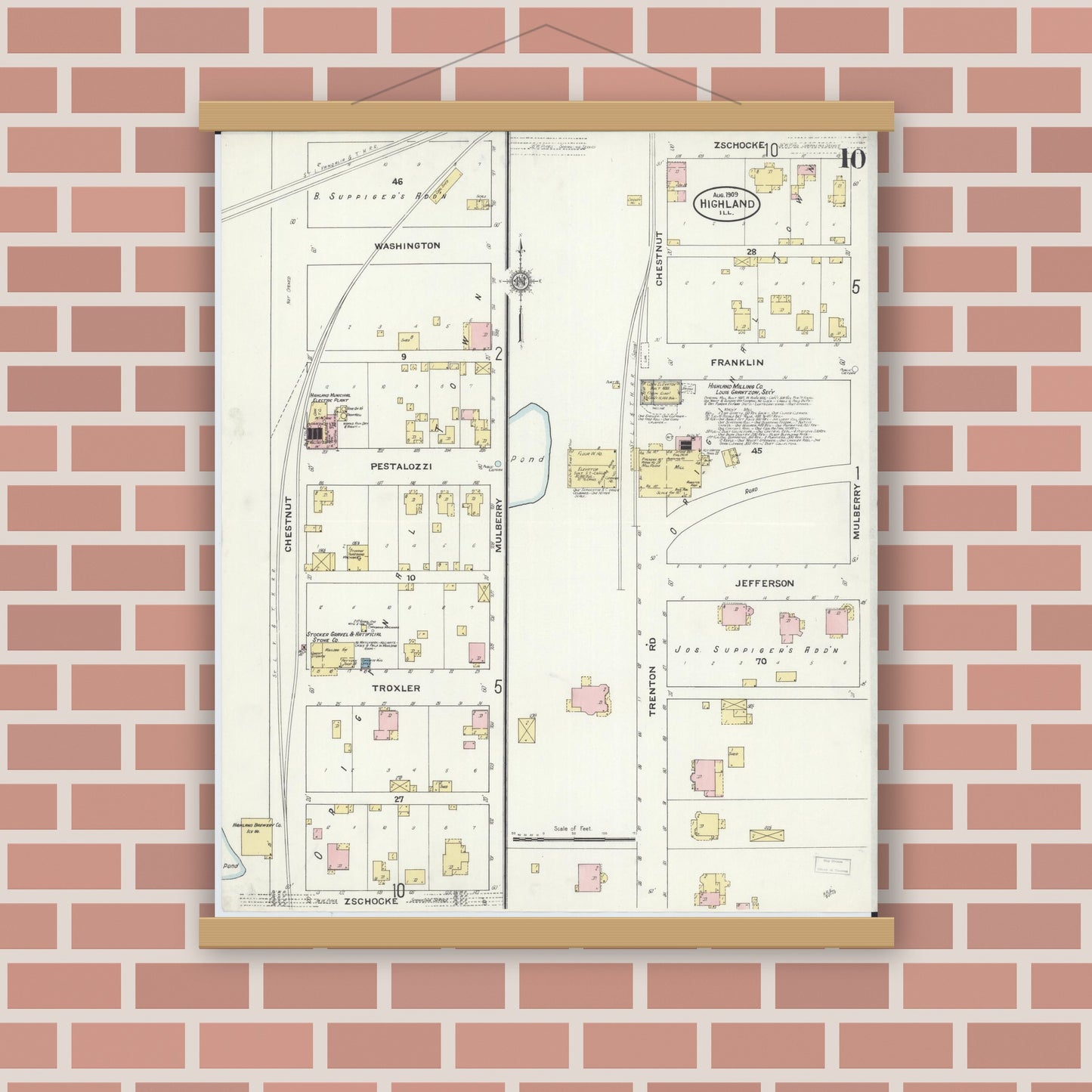 Old map wall art mockup — magnetic wood frame on brick wall — Sanborn Fire Insurance Map from Highland, Madison County, Illinois (1908), Sheet #0010