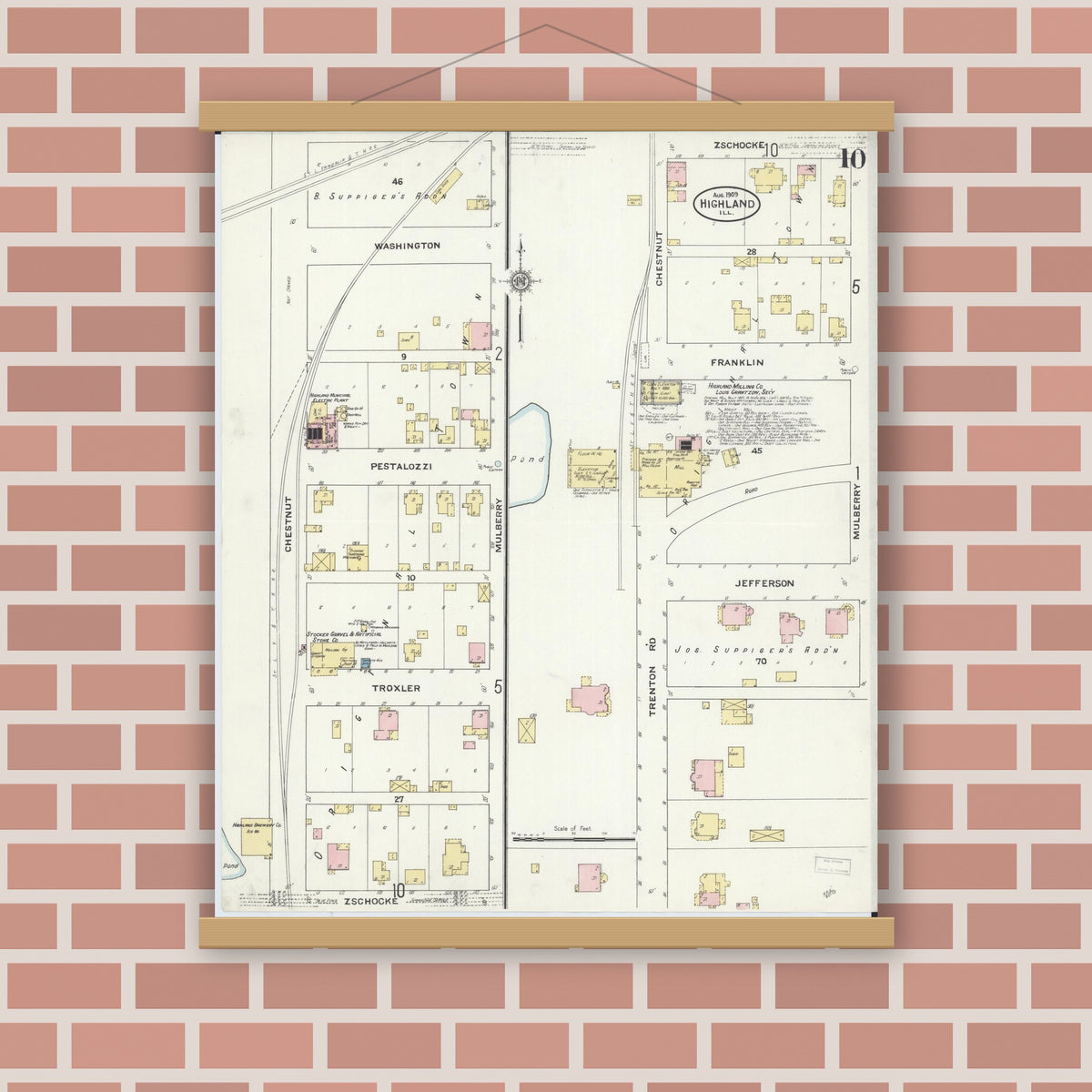 Old map wall art mockup — magnetic wood frame on brick wall — Sanborn Fire Insurance Map from Highland, Madison County, Illinois (1908), Sheet #0010