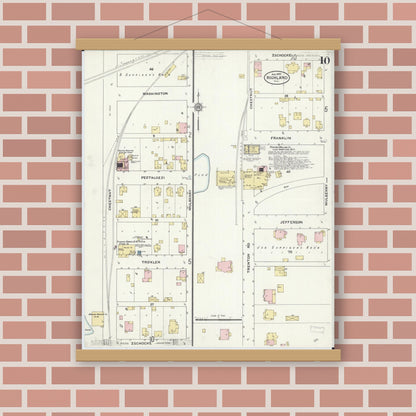 Old map wall art mockup — magnetic wood frame on brick wall — Sanborn Fire Insurance Map from Highland, Madison County, Illinois (1908), Sheet #0010
