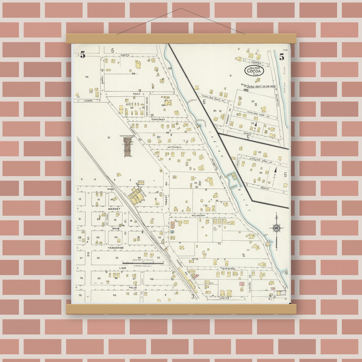 Old map wall art mockup — magnetic wood frame on brick wall — Sanborn Fire Insurance Map from Cocoa, Brevard County, Florida (1924), Sheet #0005