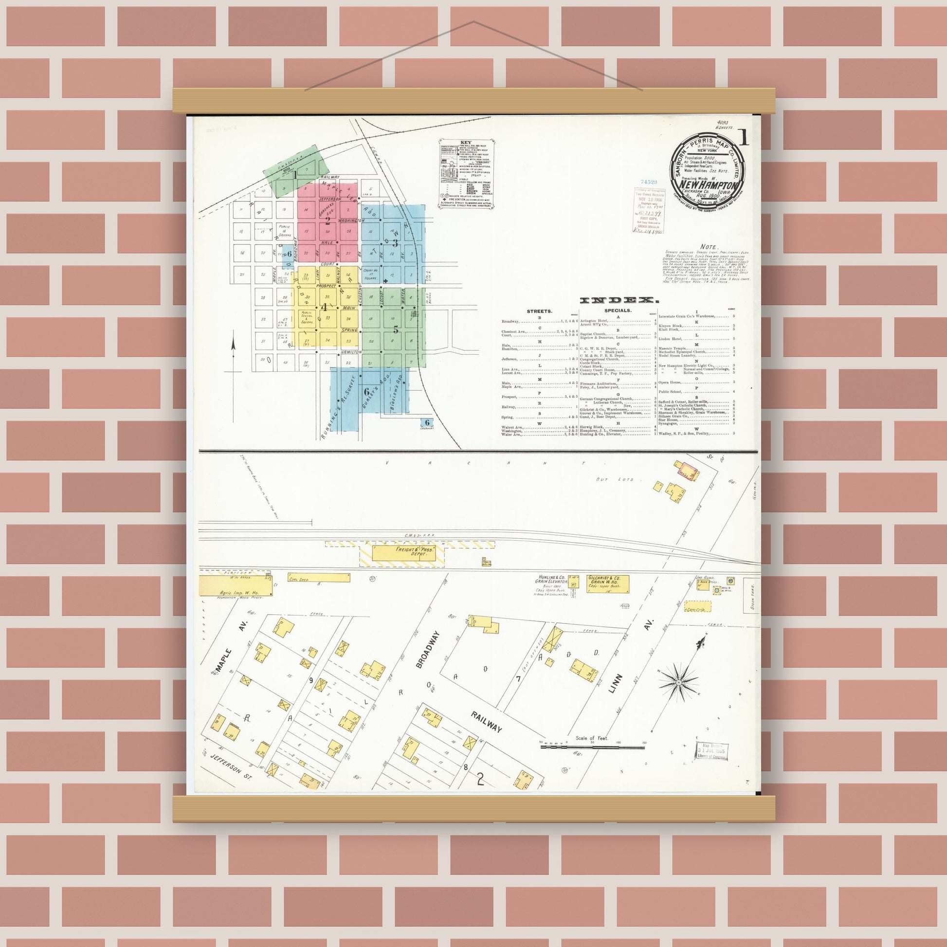 Old map wall art mockup — magnetic wood frame on brick wall — Sanborn Fire Insurance Map from New Hampton, Chickasaw County, Iowa (1900) â€” Complete Set