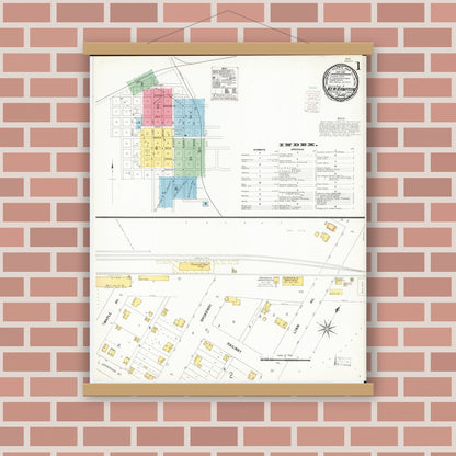 Old map wall art mockup — magnetic wood frame on brick wall — Sanborn Fire Insurance Map from New Hampton, Chickasaw County, Iowa (1900) â€” Complete Set