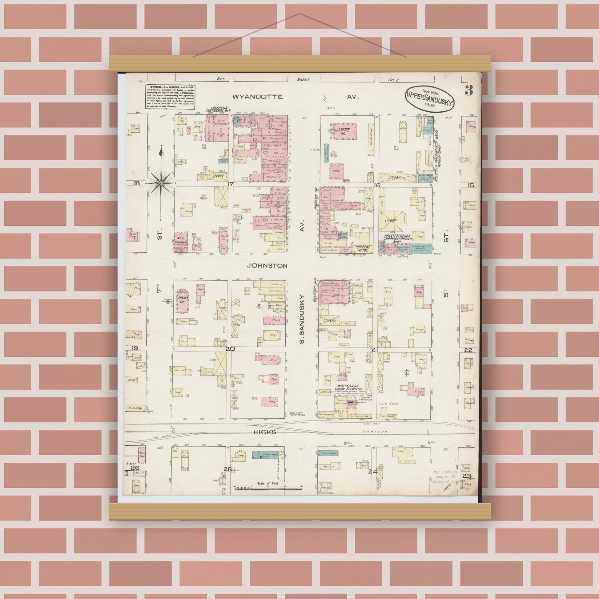 Old map wall art mockup — magnetic wood frame on brick wall — Sanborn Fire Insurance Map from Upper Sandusky, Wyandot County, Ohio (1884), Sheet #0003