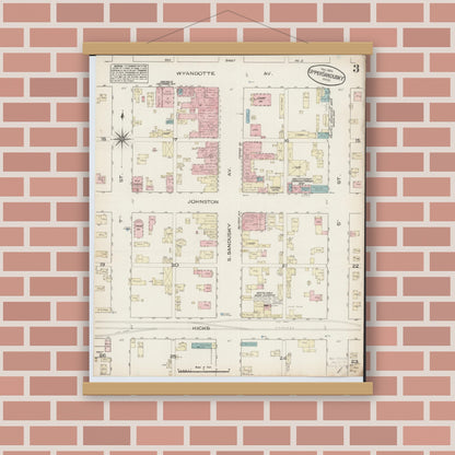 Old map wall art mockup — magnetic wood frame on brick wall — Sanborn Fire Insurance Map from Upper Sandusky, Wyandot County, Ohio (1884), Sheet #0003