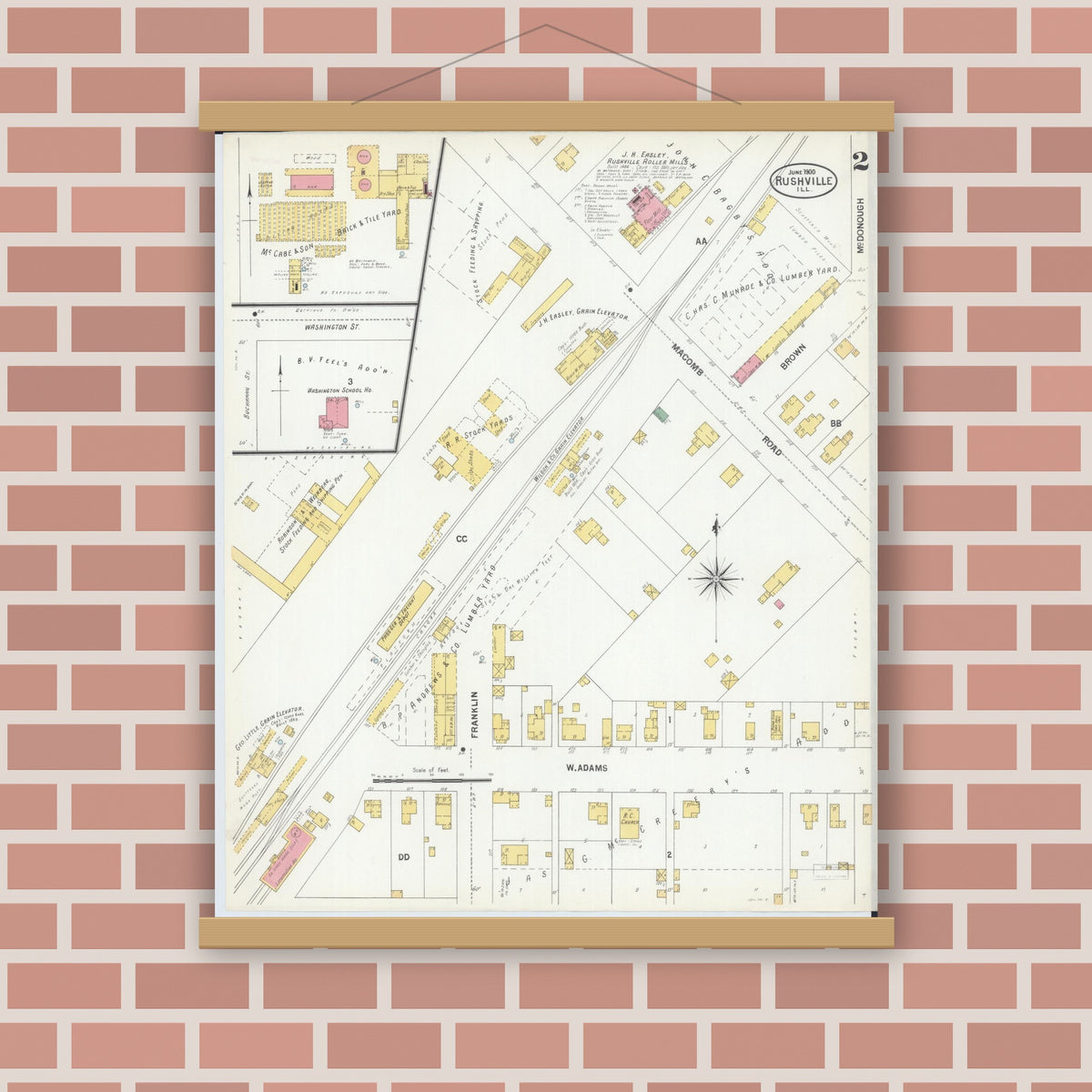 Old map wall art mockup — magnetic wood frame on brick wall — Sanborn Fire Insurance Map from Rushville, Schuyler County, Illinois (1900), Sheet #0002