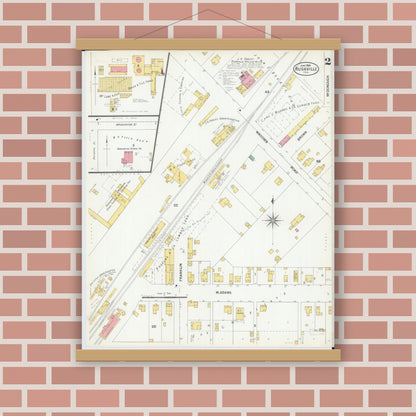 Old map wall art mockup — magnetic wood frame on brick wall — Sanborn Fire Insurance Map from Rushville, Schuyler County, Illinois (1900), Sheet #0002