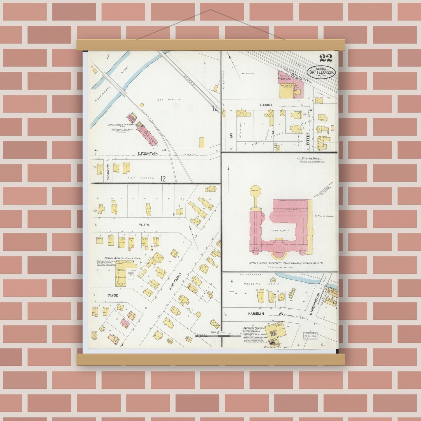 Old map wall art mockup — magnetic wood frame on brick wall — Sanborn Fire Insurance Map from Battle Creek, Calhoun County, Michigan (1902), Sheet #0022