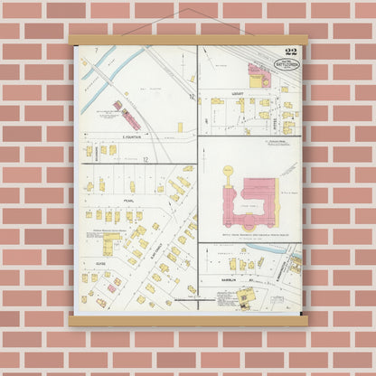 Old map wall art mockup — magnetic wood frame on brick wall — Sanborn Fire Insurance Map from Battle Creek, Calhoun County, Michigan (1902), Sheet #0022
