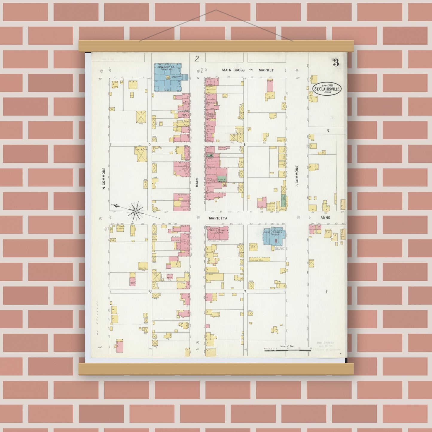 Old map wall art mockup — magnetic wood frame on brick wall — Sanborn Fire Insurance Map from Saint Clairsville, Belmont County, Ohio (1899), Sheet #0003