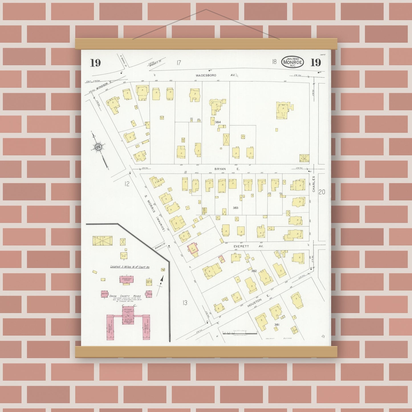 Old map wall art mockup — magnetic wood frame on brick wall — Sanborn Fire Insurance Map from Monroe, Union County, North Carolina (1930), Sheet #0019