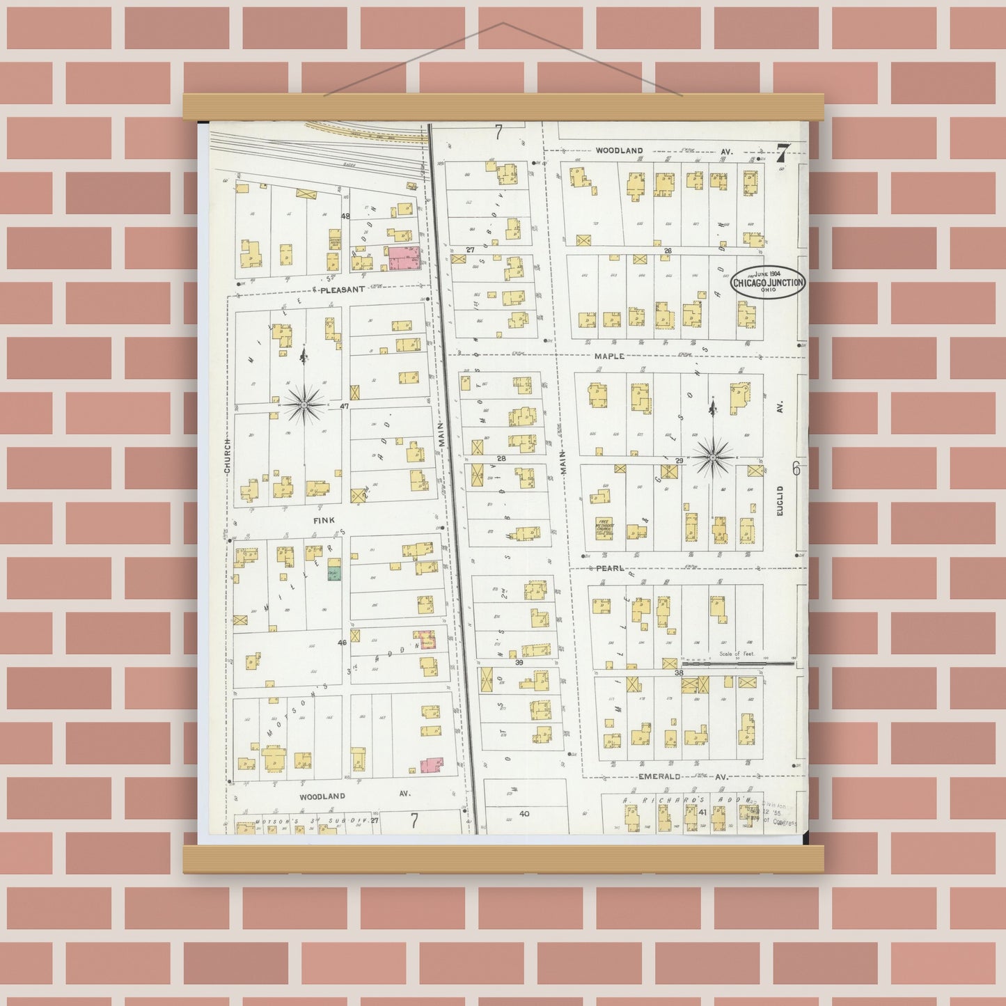 Old map wall art mockup — magnetic wood frame on brick wall — Sanborn Fire Insurance Map from Chicago Junction, Huron County, Ohio (1904), Sheet #0007