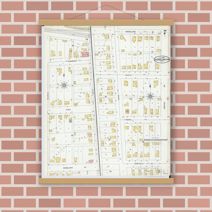 Old map wall art mockup — magnetic wood frame on brick wall — Sanborn Fire Insurance Map from Chicago Junction, Huron County, Ohio (1904), Sheet #0007