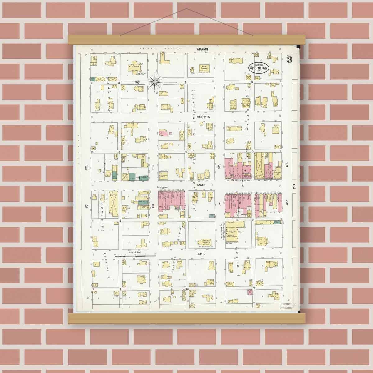 Old map wall art mockup — magnetic wood frame on brick wall — Sanborn Fire Insurance Map from Sheridan, Hamilton County, Indiana (1902), Sheet #0003
