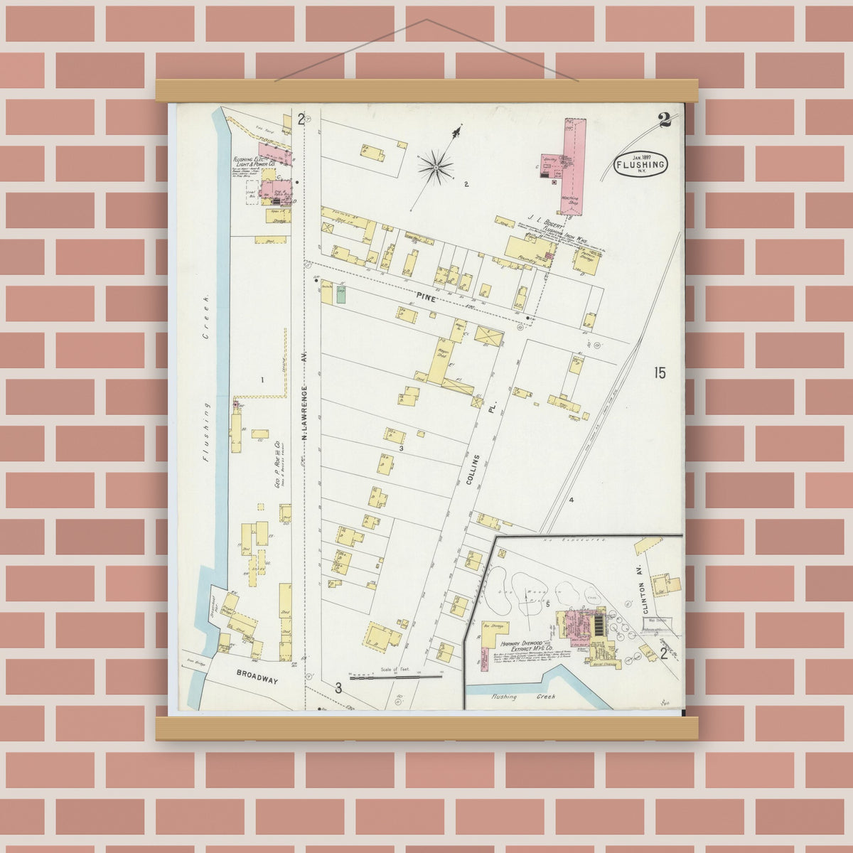 Old map wall art mockup — magnetic wood frame on brick wall — Sanborn Fire Insurance Map from Flushing, Queens County, New York (1897) - Complete Map Set