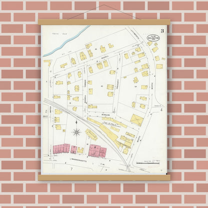 Old map wall art mockup — magnetic wood frame on brick wall — Sanborn Fire Insurance Map from Arlington, Middlesex County, Massachusetts (1908), Sheet #0003