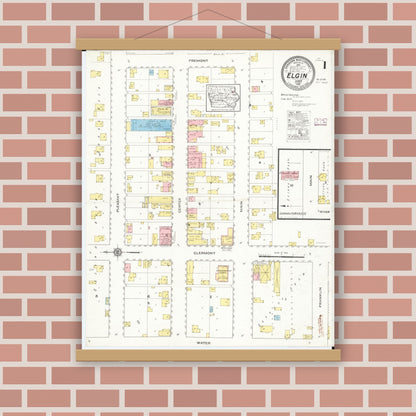 Old map wall art mockup — magnetic wood frame on brick wall — Sanborn Fire Insurance Map from Elgin, Fayette County, Iowa (1915) â€” Complete Set