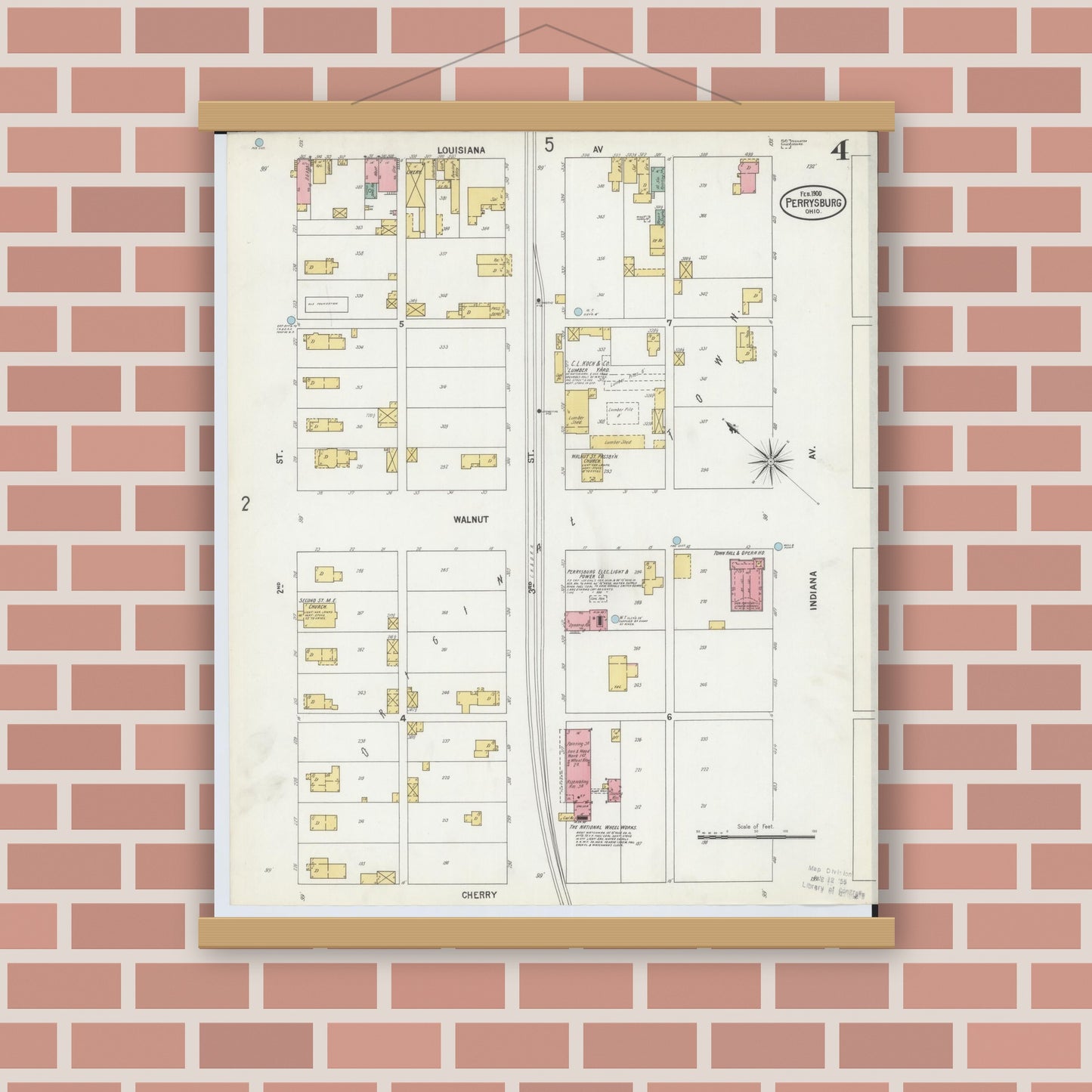 Old map wall art mockup — magnetic wood frame on brick wall — Sanborn Fire Insurance Map from Perrysburg, Wood County, Ohio (1900), Sheet #0004