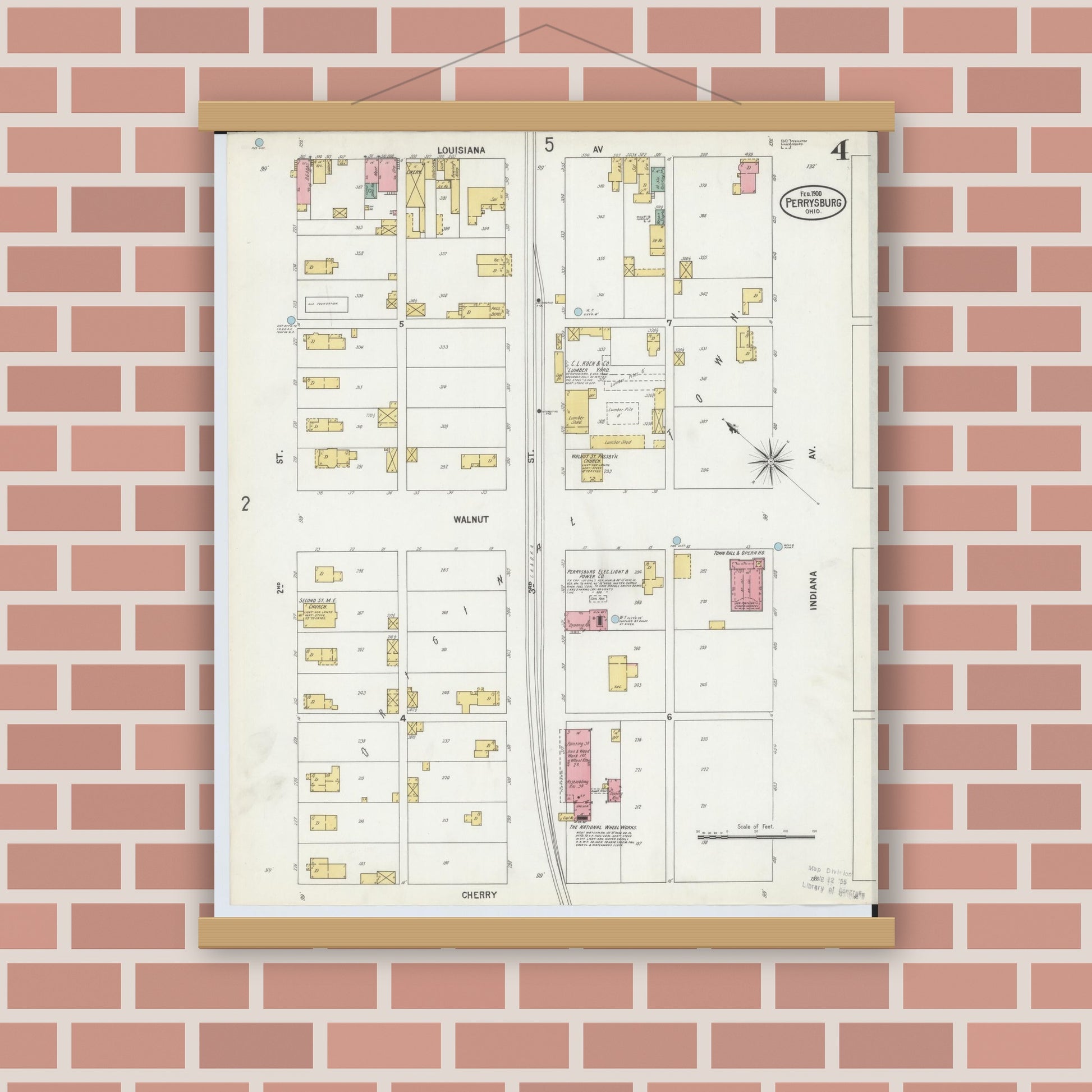 Old map wall art mockup — magnetic wood frame on brick wall — Sanborn Fire Insurance Map from Perrysburg, Wood County, Ohio (1900), Sheet #0004