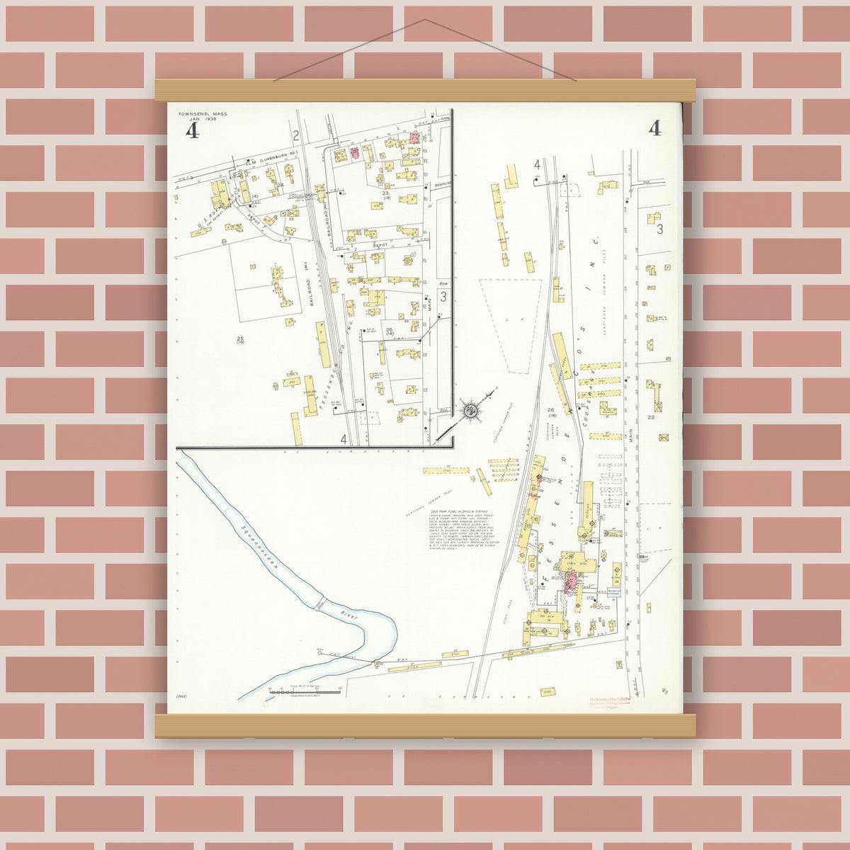 Old map wall art mockup — magnetic wood frame on brick wall — Sanborn Fire Insurance Map from Townsend, Middlesex County, Massachusetts (1936), Sheet #0004