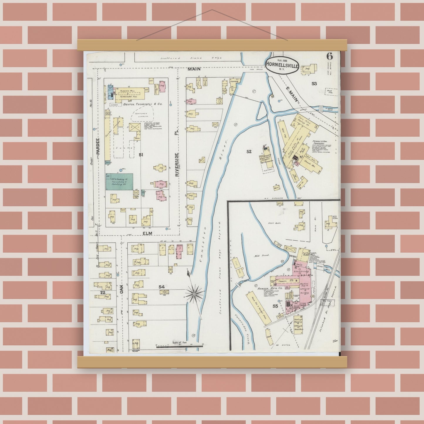 Old map wall art mockup — magnetic wood frame on brick wall — Sanborn Fire Insurance Map from Hornell, Steuben County, New York (1888), Sheet #0006