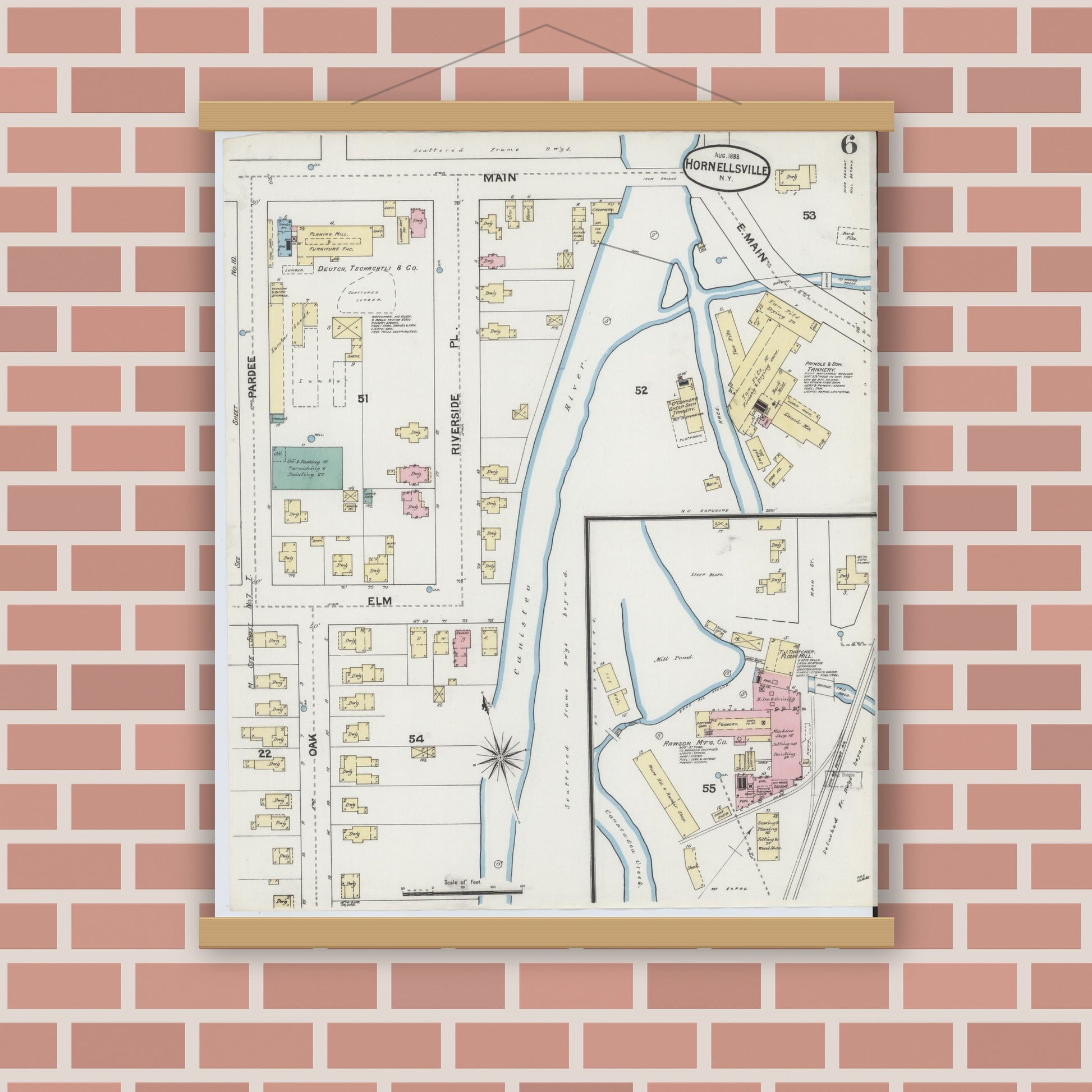 Old map wall art mockup — magnetic wood frame on brick wall — Sanborn Fire Insurance Map from Hornell, Steuben County, New York (1888), Sheet #0006