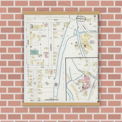 Old map wall art mockup — magnetic wood frame on brick wall — Sanborn Fire Insurance Map from Hornell, Steuben County, New York (1888), Sheet #0006