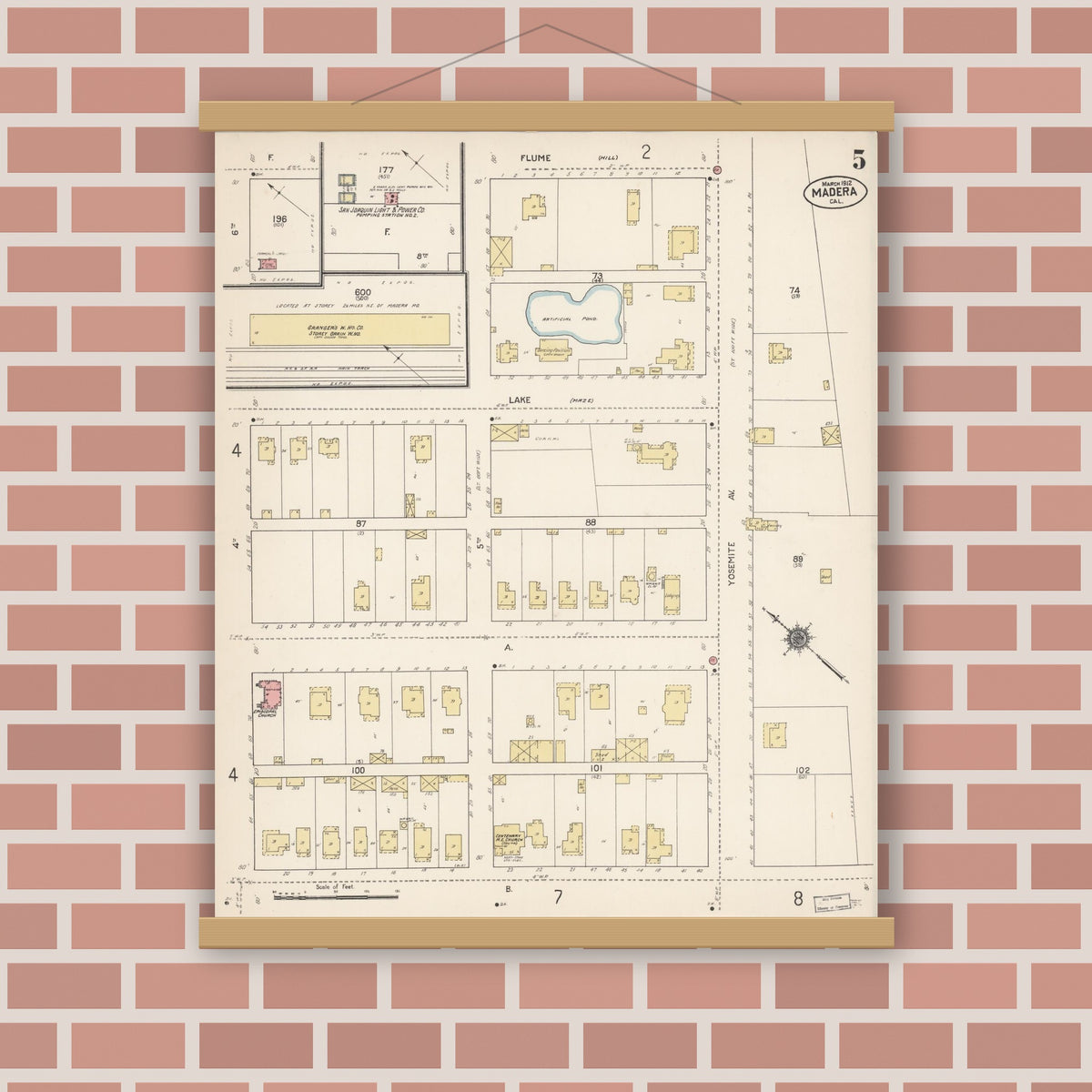 Old map wall art mockup — magnetic wood frame on brick wall — Sanborn Fire Insurance Map from Madera, Madera County, California (1912), Sheet #0005