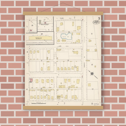 Old map wall art mockup — magnetic wood frame on brick wall — Sanborn Fire Insurance Map from Madera, Madera County, California (1912), Sheet #0005