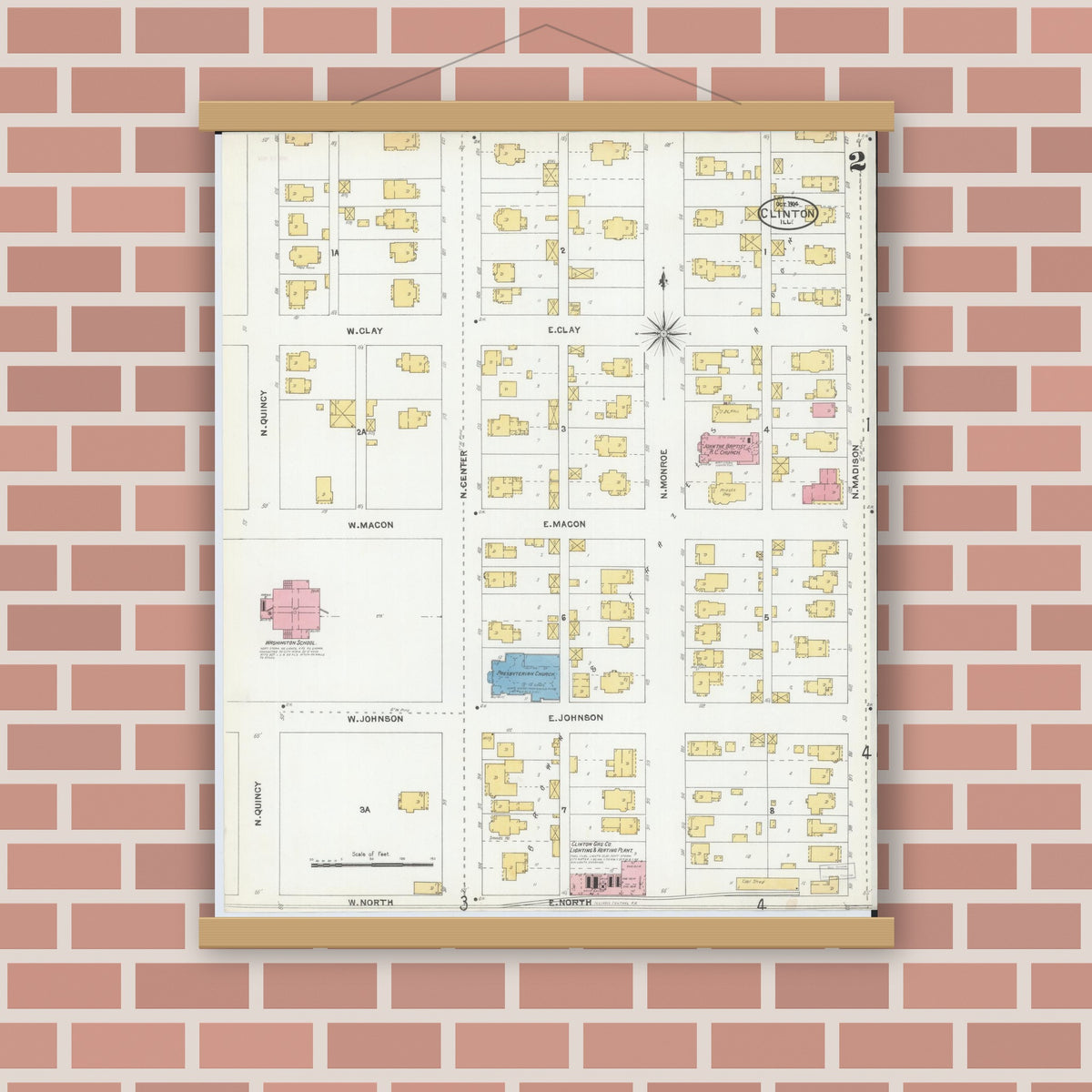 Old map wall art mockup — magnetic wood frame on brick wall — Sanborn Fire Insurance Map from Clinton, De Witt County, Illinois (1904), Sheet #0002