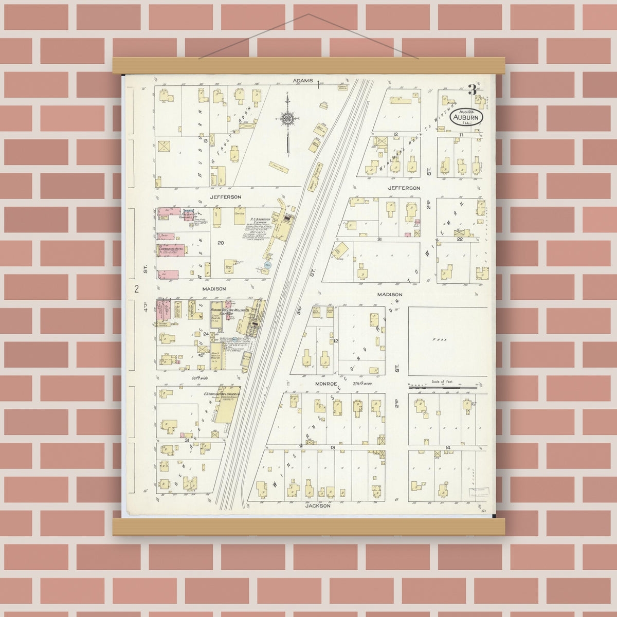 Old map wall art mockup — magnetic wood frame on brick wall — Sanborn Fire Insurance Map from Auburn, Sangamon County, Illinois (1914), Sheet #0003