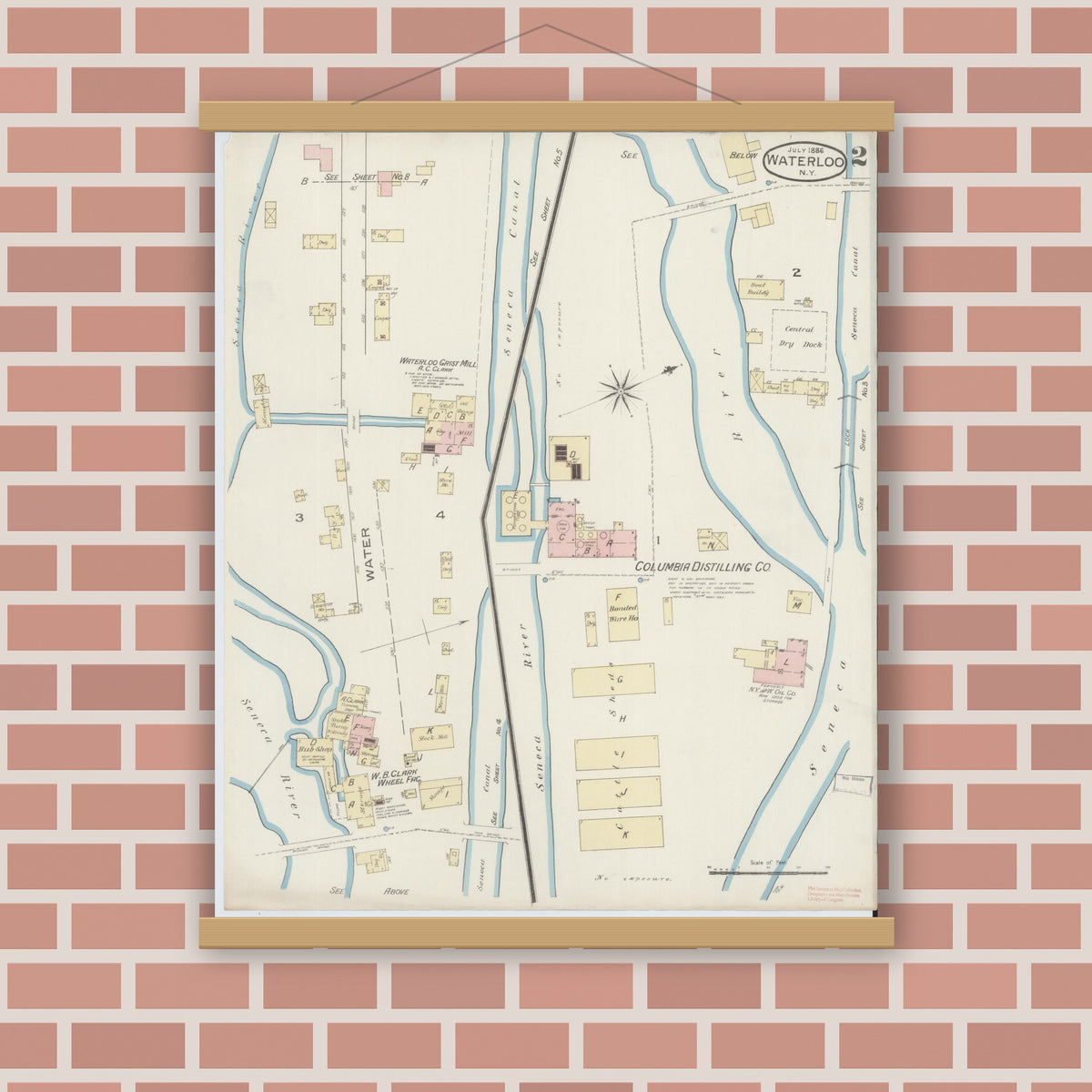 Old map wall art mockup — magnetic wood frame on brick wall — Sanborn Fire Insurance Map from Waterloo, Seneca County, New York (1886), Sheet #0002