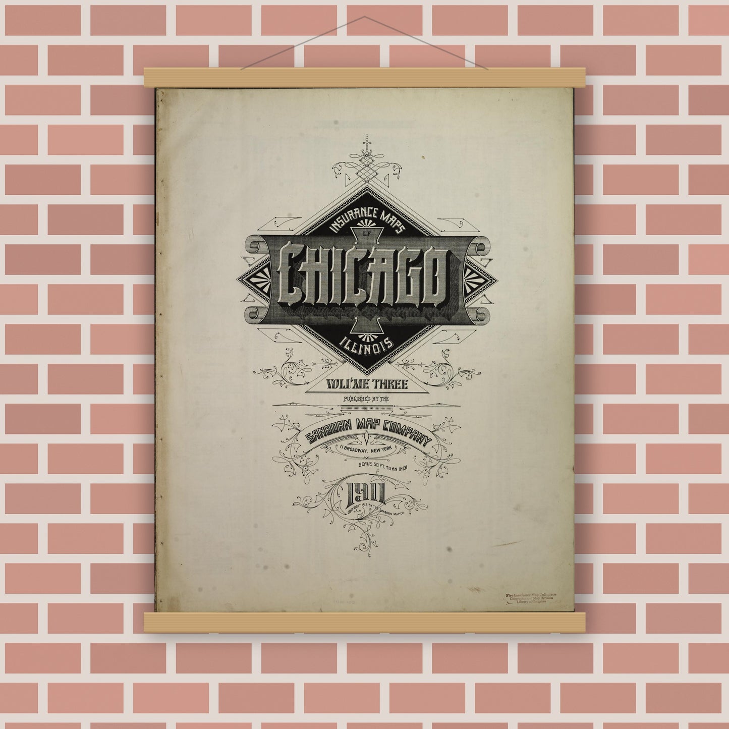 Old map wall art mockup — magnetic wood frame on brick wall — Sanborn Fire Insurance Map from Chicago, Cook County, Illinois (1911), Sheet #0001