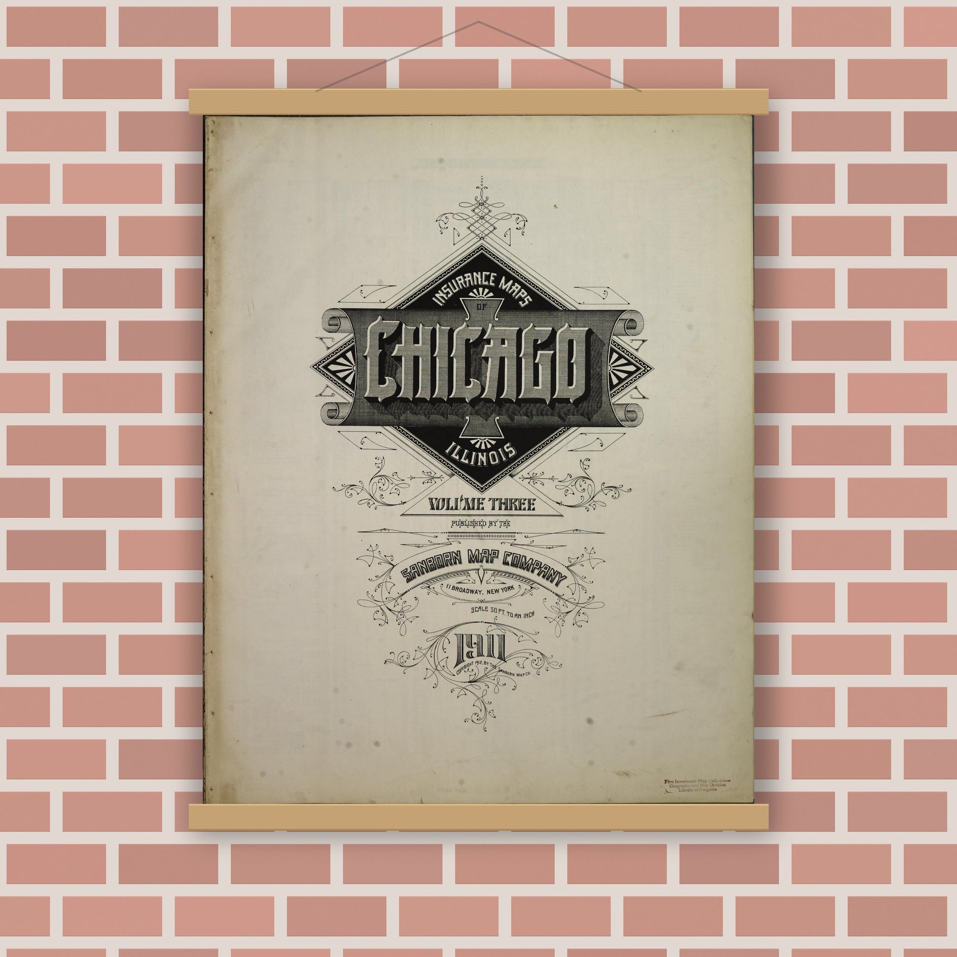 Old map wall art mockup — magnetic wood frame on brick wall — Sanborn Fire Insurance Map from Chicago, Cook County, Illinois (1911), Sheet #0001
