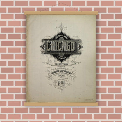 Old map wall art mockup — magnetic wood frame on brick wall — Sanborn Fire Insurance Map from Chicago, Cook County, Illinois (1911), Sheet #0001