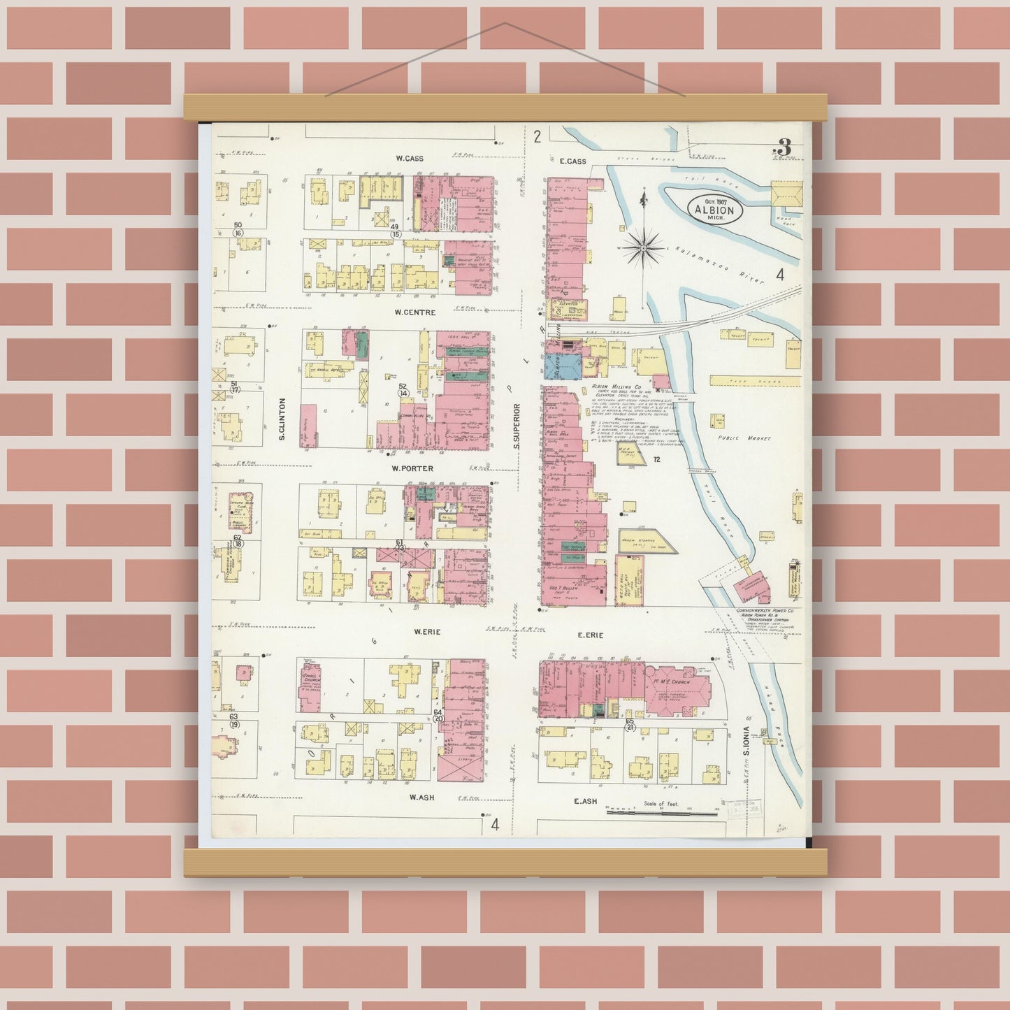 Old map wall art mockup — magnetic wood frame on brick wall — Sanborn Fire Insurance Map from Albion, Calhoun County, Michigan (1907), Sheet #0003