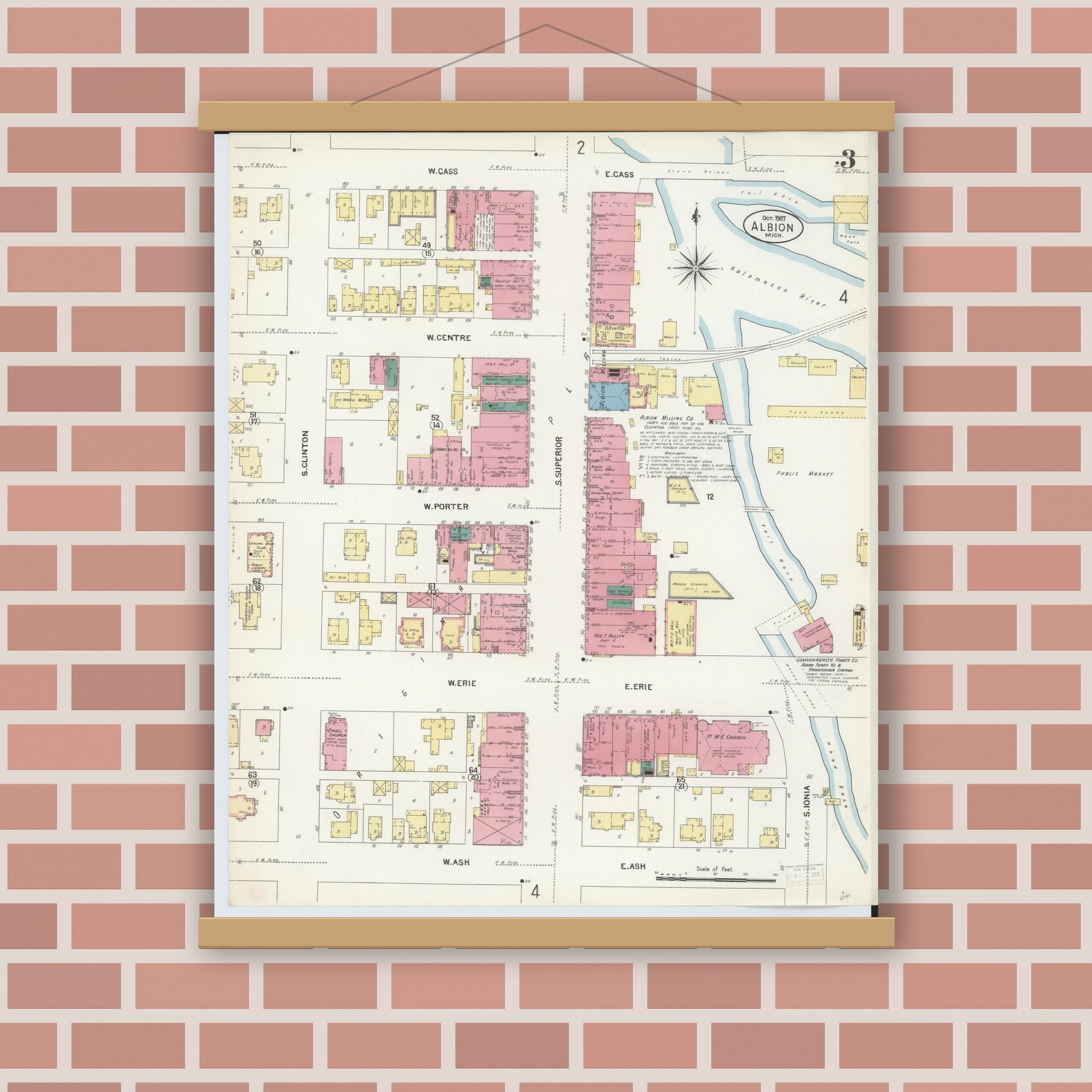 Old map wall art mockup — magnetic wood frame on brick wall — Sanborn Fire Insurance Map from Albion, Calhoun County, Michigan (1907), Sheet #0003