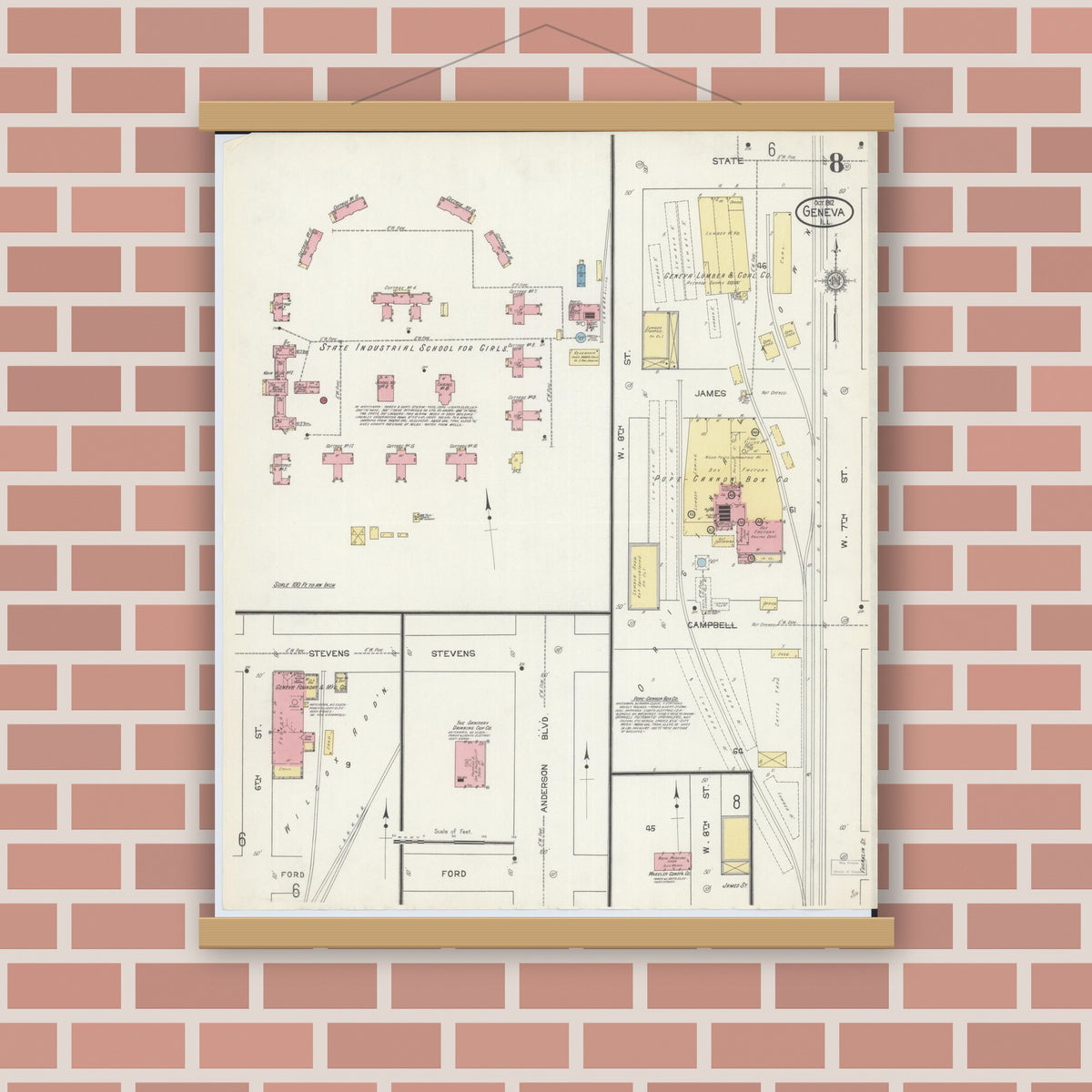 Old map wall art mockup — magnetic wood frame on brick wall — Sanborn Fire Insurance Map from Geneva, Kane County, Illinois (1912), Sheet #0008