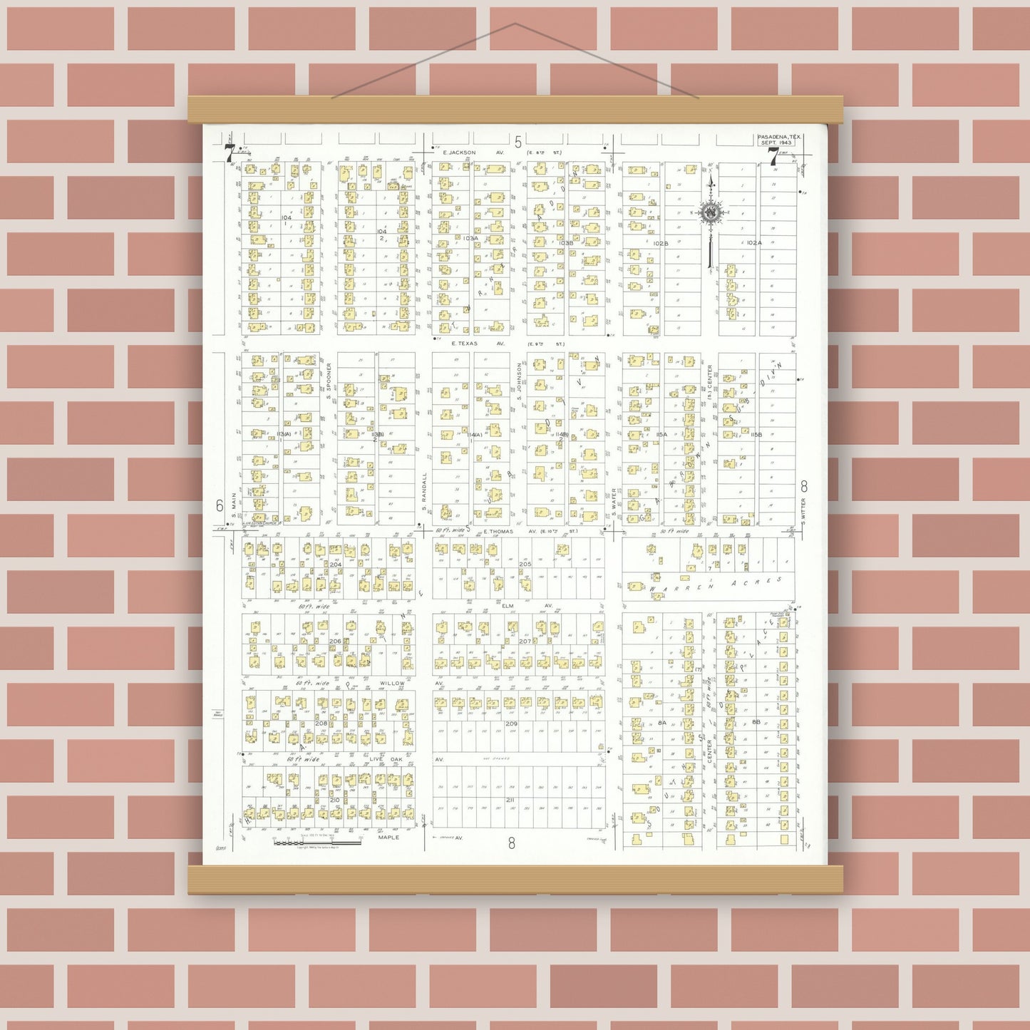 Old map wall art mockup — magnetic wood frame on brick wall — Sanborn Fire Insurance Map from Pasadena, Harris County, Texas (1943), Sheet #0007