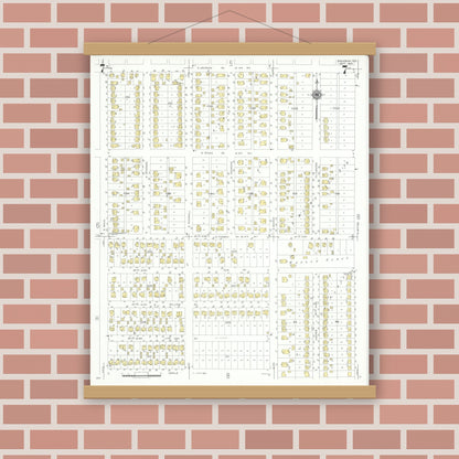 Old map wall art mockup — magnetic wood frame on brick wall — Sanborn Fire Insurance Map from Pasadena, Harris County, Texas (1943), Sheet #0007
