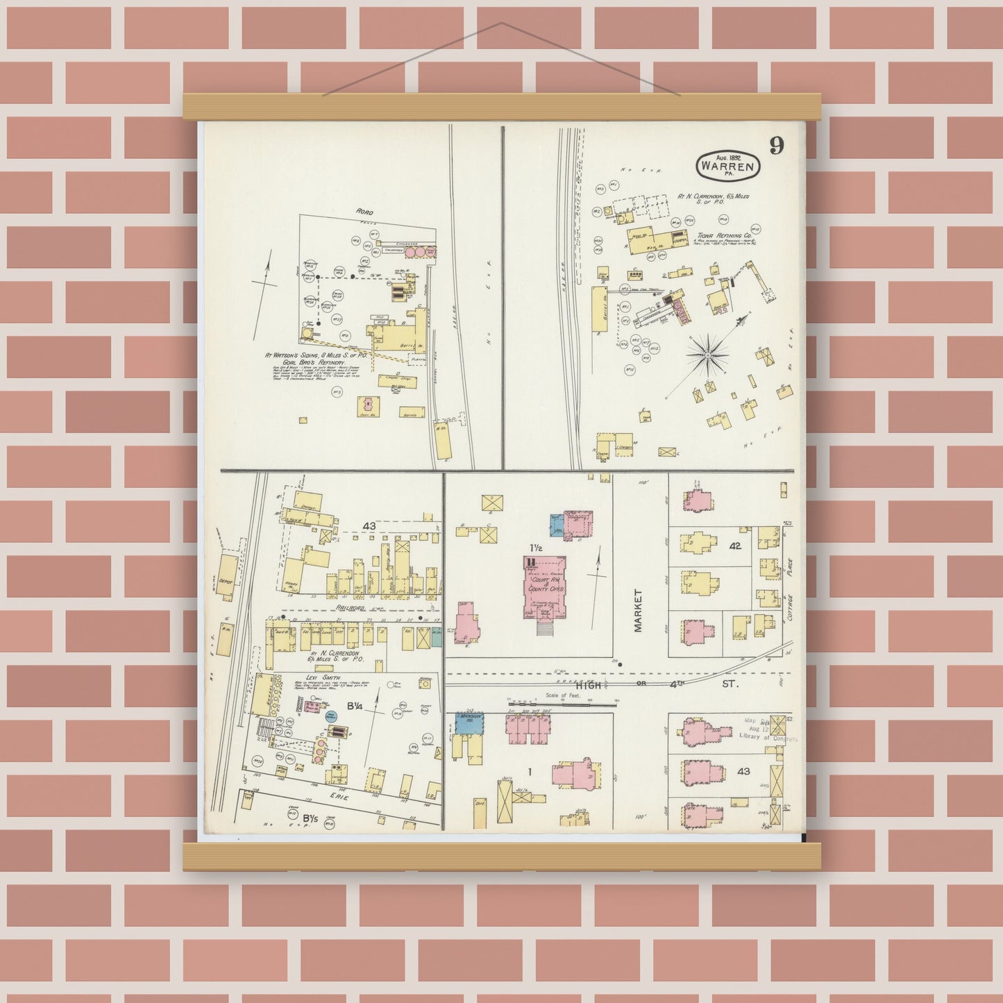 Old map wall art mockup — magnetic wood frame on brick wall — Sanborn Fire Insurance Map from Warren, Warren County, Pennsylvania (1892), Sheet #0009
