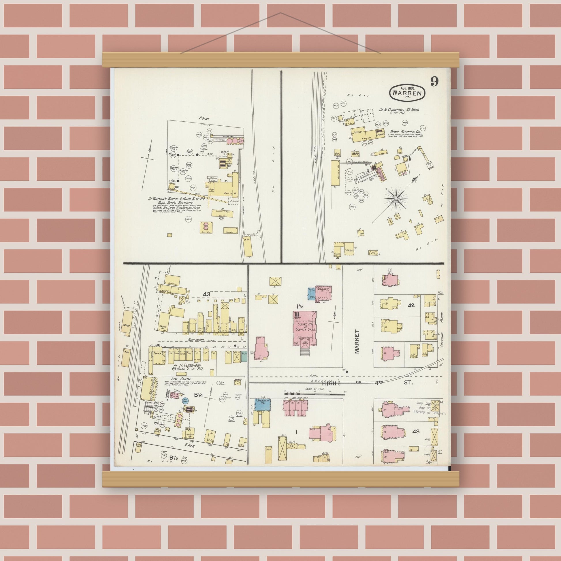 Old map wall art mockup — magnetic wood frame on brick wall — Sanborn Fire Insurance Map from Warren, Warren County, Pennsylvania (1892), Sheet #0009