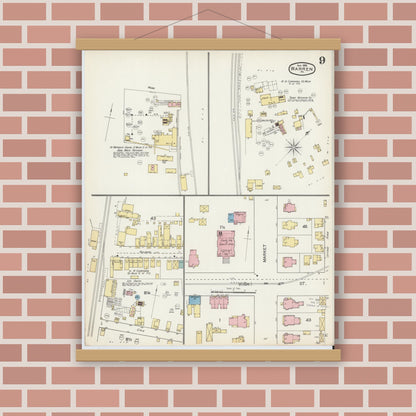Old map wall art mockup — magnetic wood frame on brick wall — Sanborn Fire Insurance Map from Warren, Warren County, Pennsylvania (1892), Sheet #0009